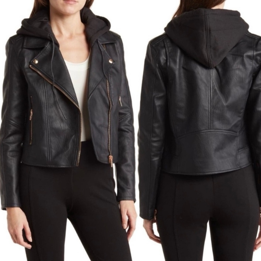 Blank NYC Black Leather Jacket with Hood